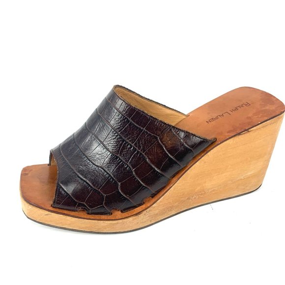 RALPH LAUREN Brown Embossed Leather Wooden Wedge Slip On‎ Sandals - Picture 2 of 9
